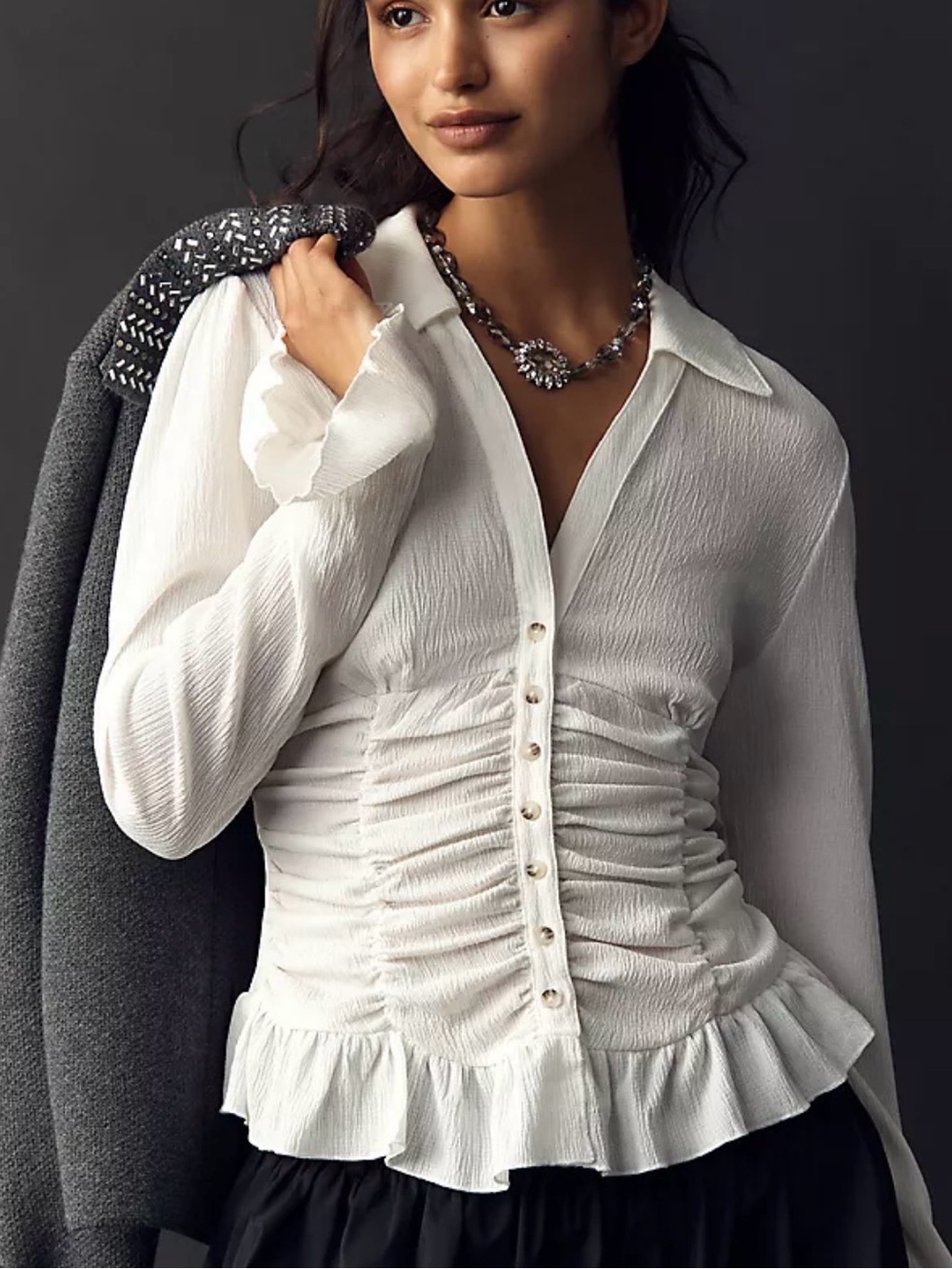 Maeve White Ruched Button-Down Blouse